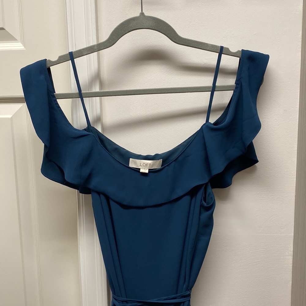 Ann Taylor Loft dark teal dress: spaghetti straps & off the shoulder detail.